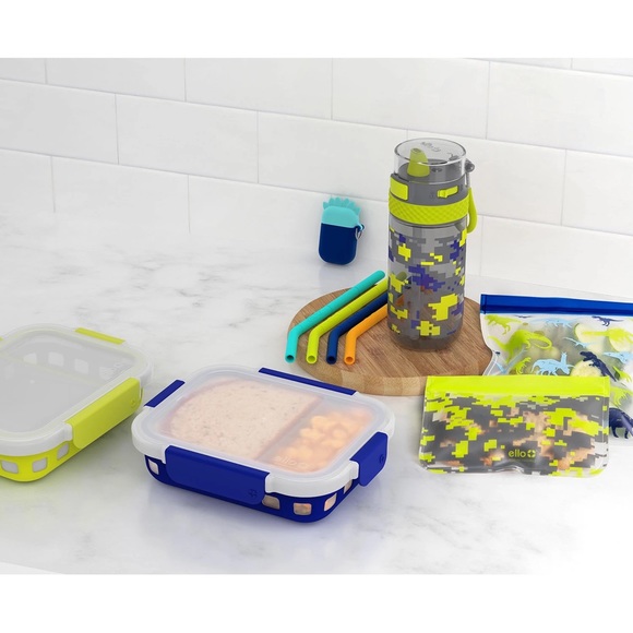 Ello 13-Piece Kids Food Storage, Straws & Water Bottle Lunch Pack Set Green Blue - Picture 4 of 4
